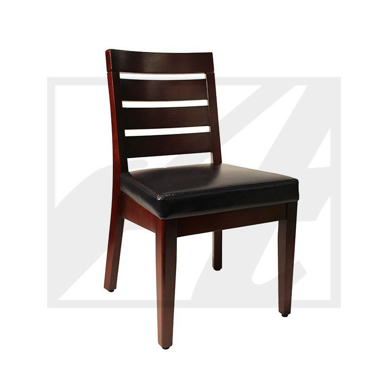 Wooden chair with a cushioned seat and horizontal slats on the backrest.
