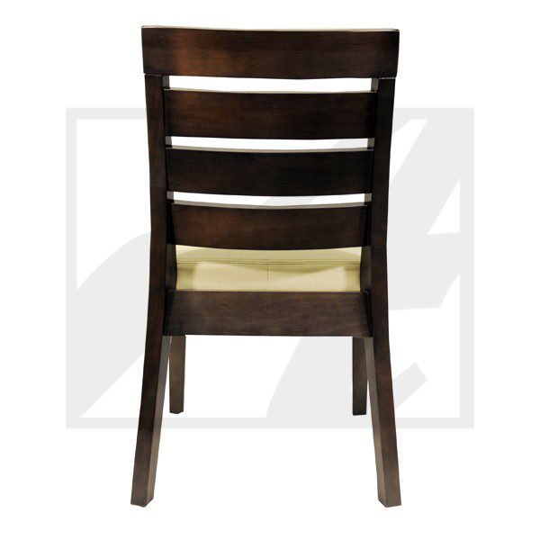 Dark wooden chair with horizontal slats on the backrest and a beige seat cushion.