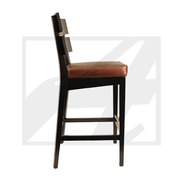 Elegant wooden bar stool with cushioned seat and backrest.