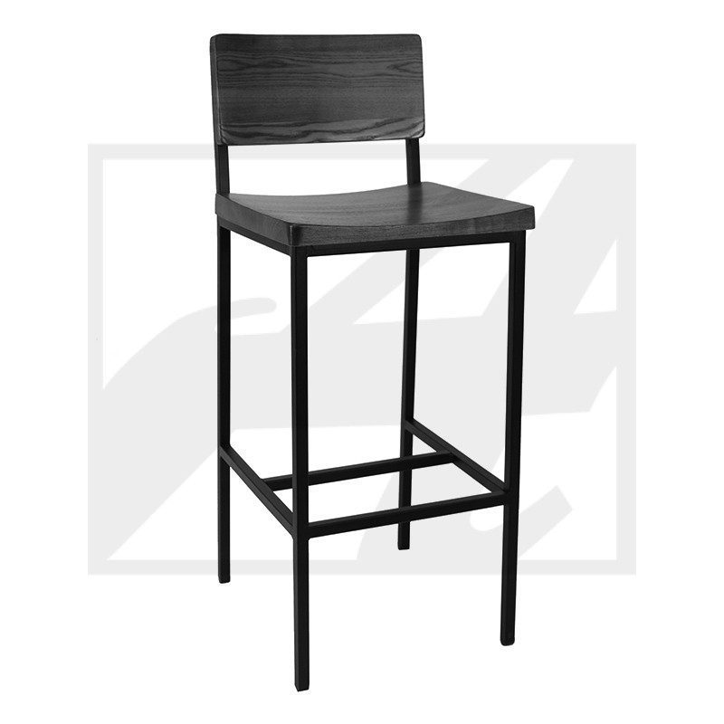 Sleek black bar stool with a wooden seat and backrest.