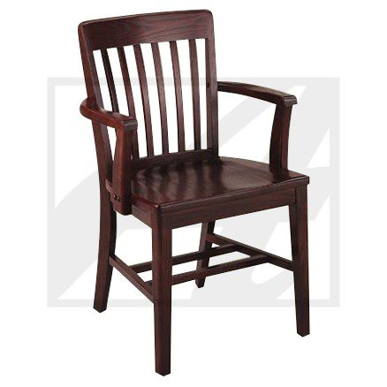 Wooden chair with armrests and vertical slats on the back.