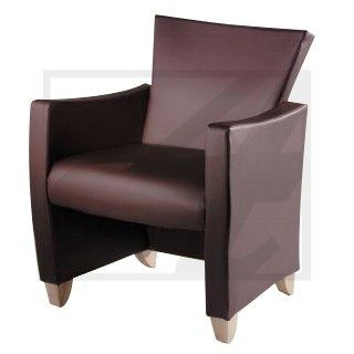Modern brown leather armchair with wooden legs.