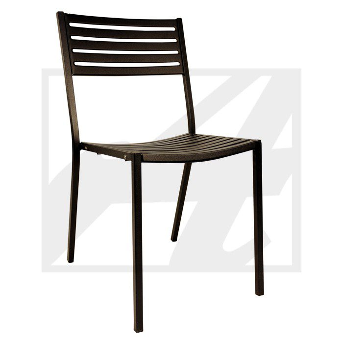 Minimalist black metal chair with a slatted backrest and simple design.