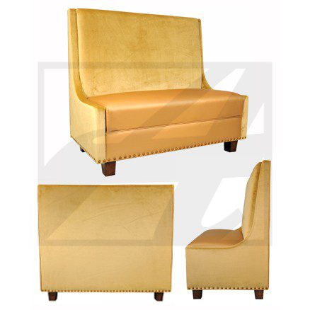 Yellow leather loveseat with high back and wooden legs.