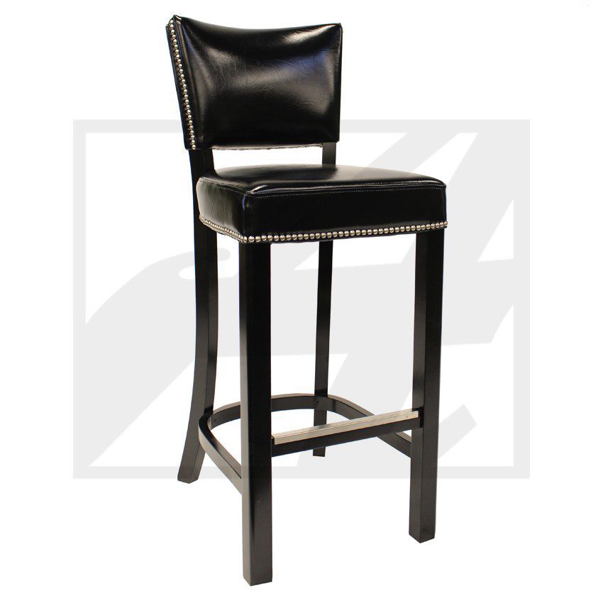 Black leather bar stool with a high back and footrest.