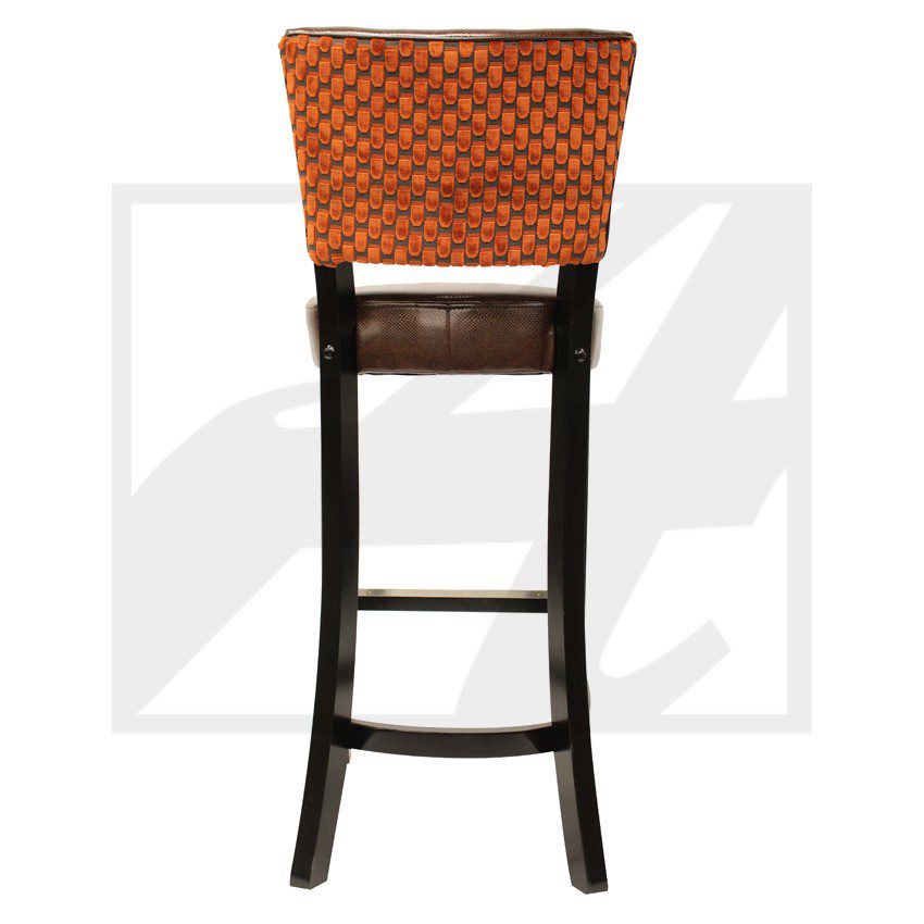Tall bar stool with orange patterned cushioned seat and dark wooden legs.
