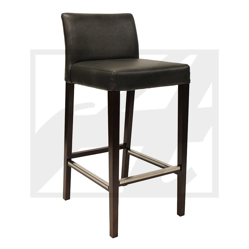Elegant black leather bar stool with wooden legs and footrest.