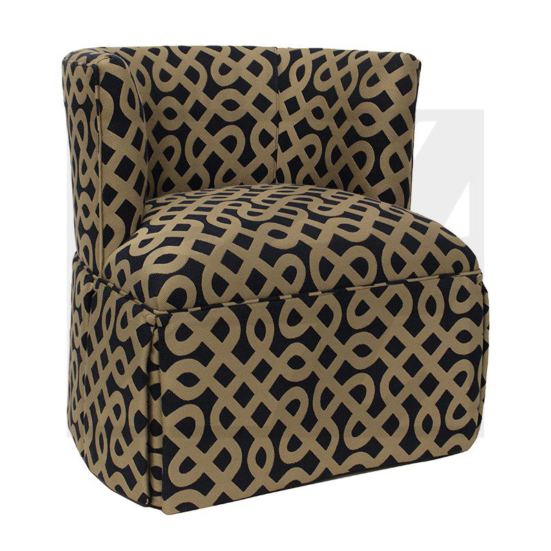 Modern accent chair with geometric patterned upholstery in black and gold.
