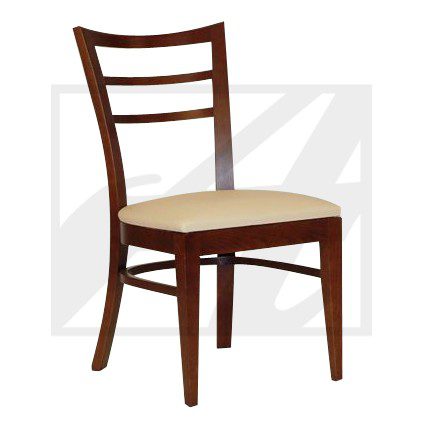 Wooden dining chair with beige cushioned seat and ladder back design.