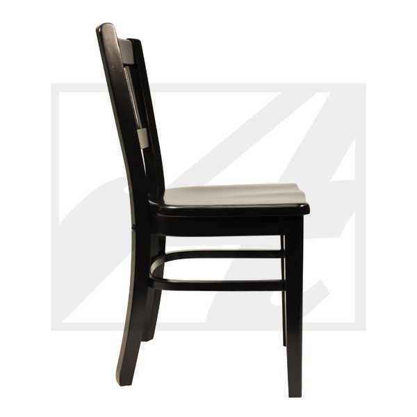 Side view of a wooden chair with a cushioned seat.