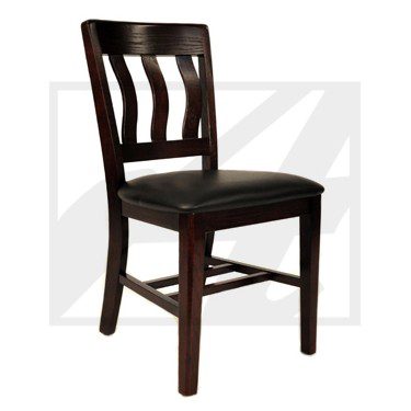 Dark wooden chair with a cushioned seat and curved backrest.