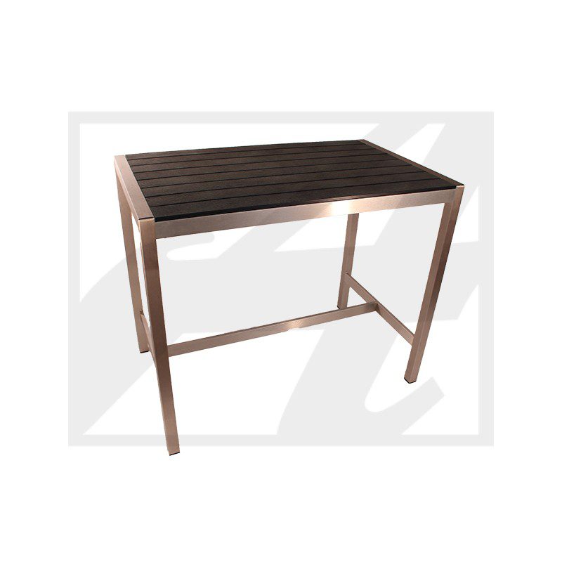 Minimalist wooden desk with a dark top and slender legs.