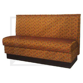 Orange booth seating with a patterned fabric and black base.