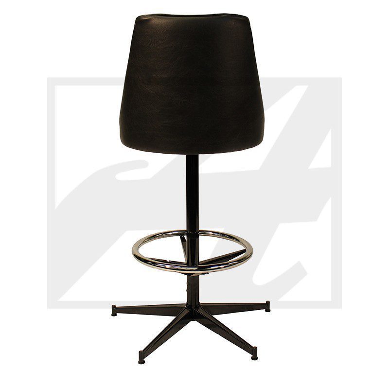 Black adjustable bar stool with footrest and five-star base.