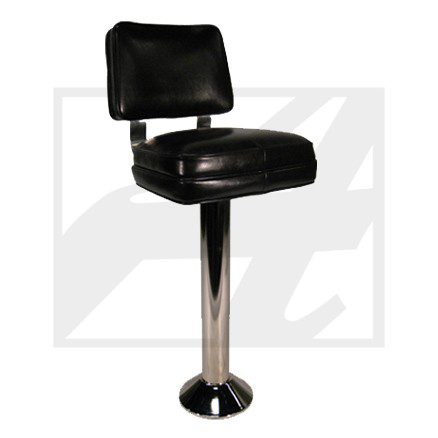 Black bar stool with cushioned seat and backrest on a chrome pedestal base.