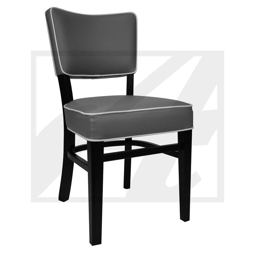 Black wooden chair with cushioned seat and backrest.