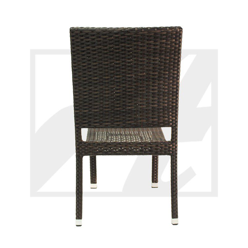 Back view of a dark brown woven chair with four legs.