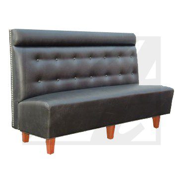 Modern black tufted bench with wooden legs.