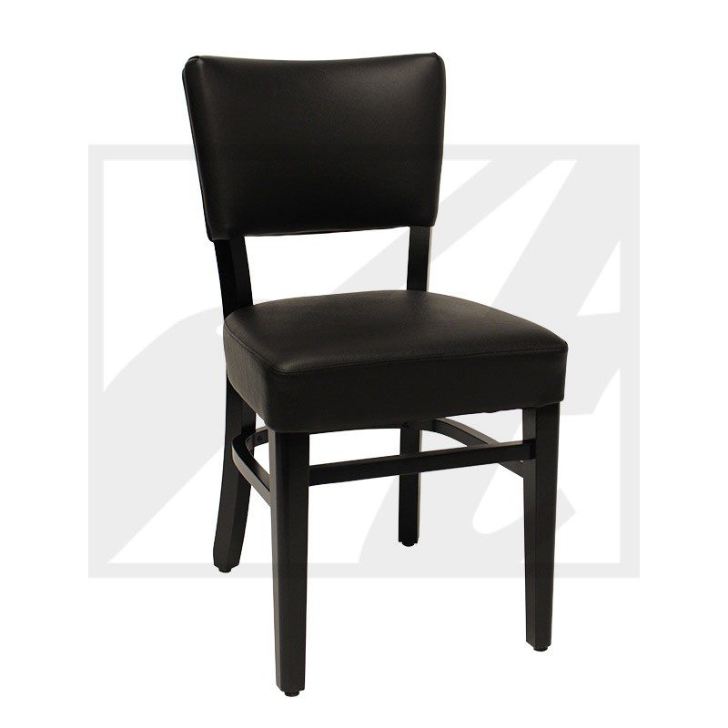Black wooden chair with padded seat and backrest.