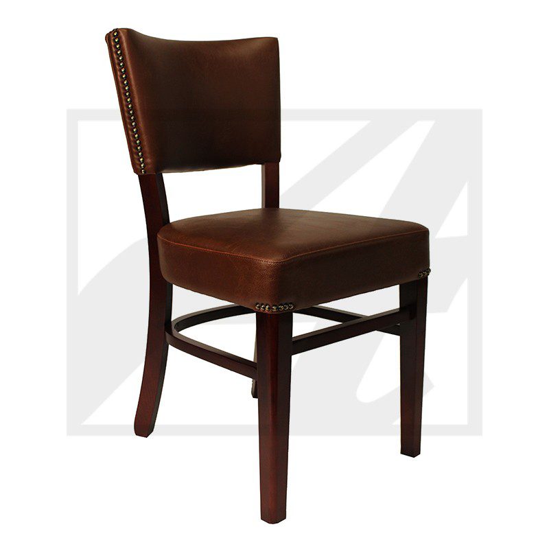 Elegant brown leather dining chair with wooden legs.