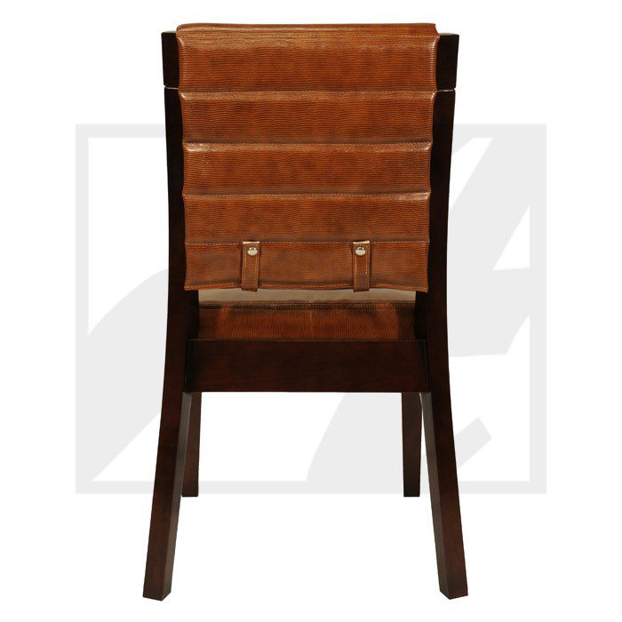 Back view of a brown cushioned chair with wooden legs.