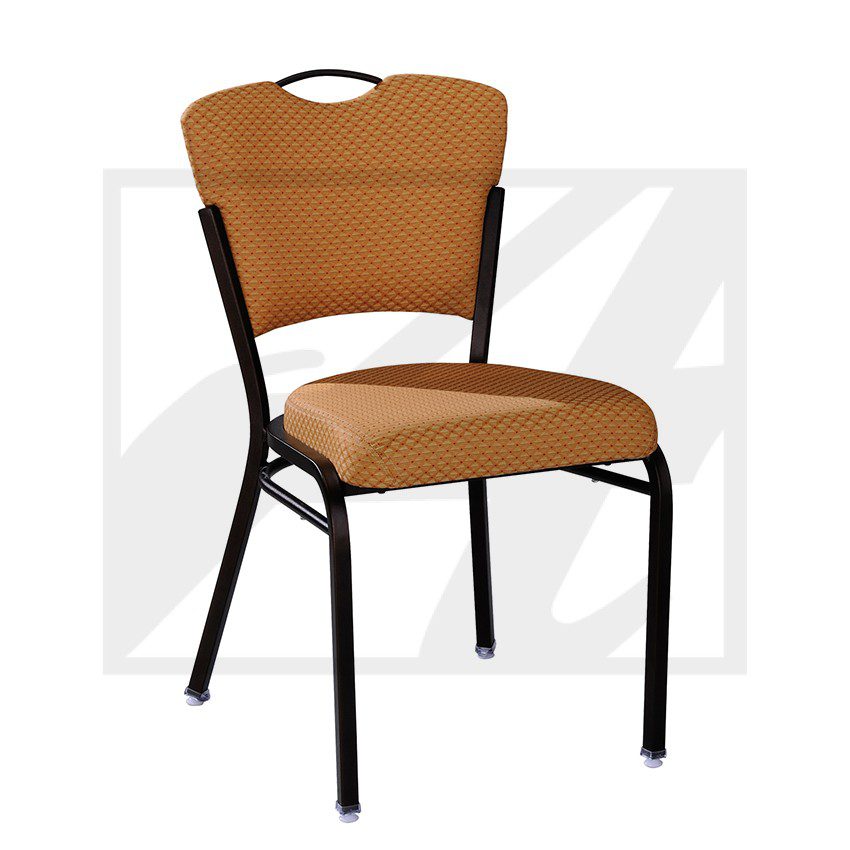 A brown cushioned chair with black metal legs and backrest frame.