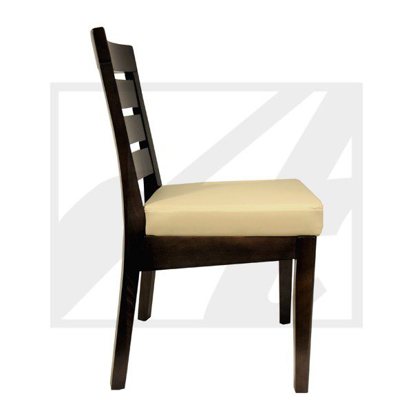 Side view of a wooden chair with beige cushioned seat.