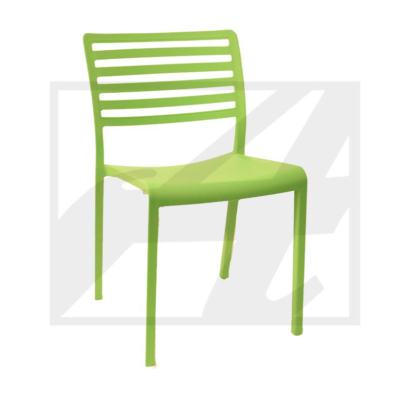 Modern green plastic chair with horizontal slats on the backrest.