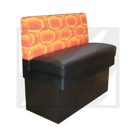 Orange and brown upholstered restaurant booth seating.