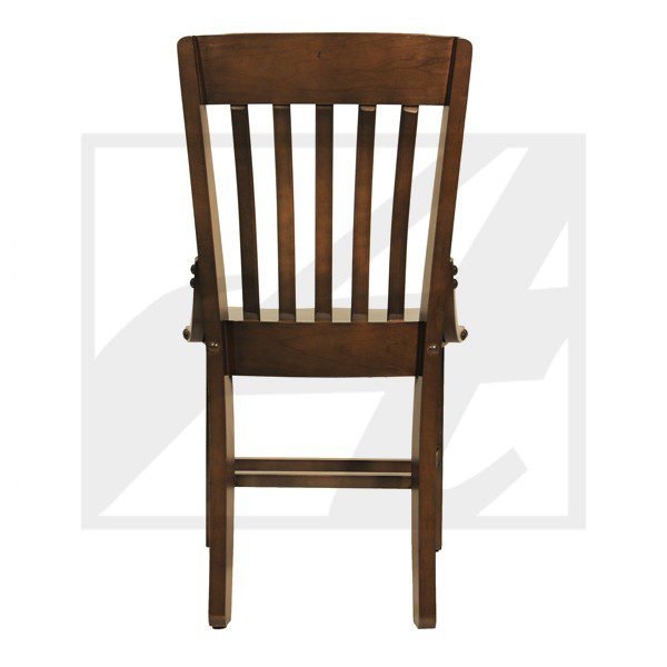 Wooden chair with vertical slats and a polished finish.