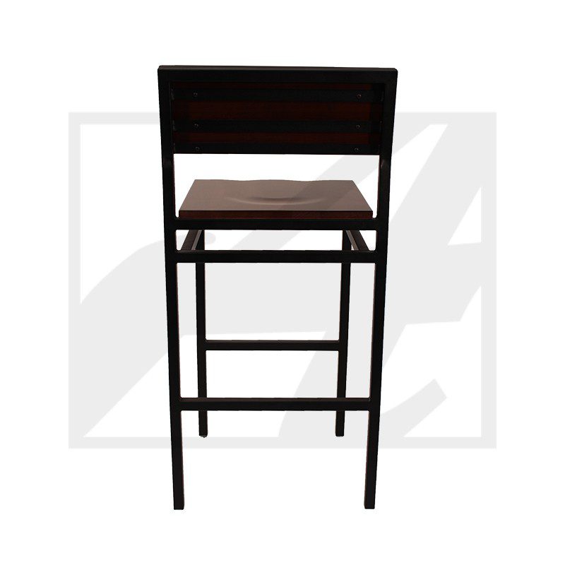 A simple wooden bar stool with a backrest, viewed from the front.