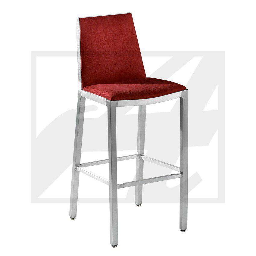 Modern bar stool with red seat and white legs.