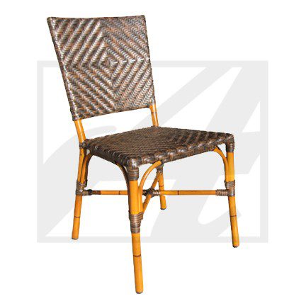 Woven rattan chair with bamboo-style legs.