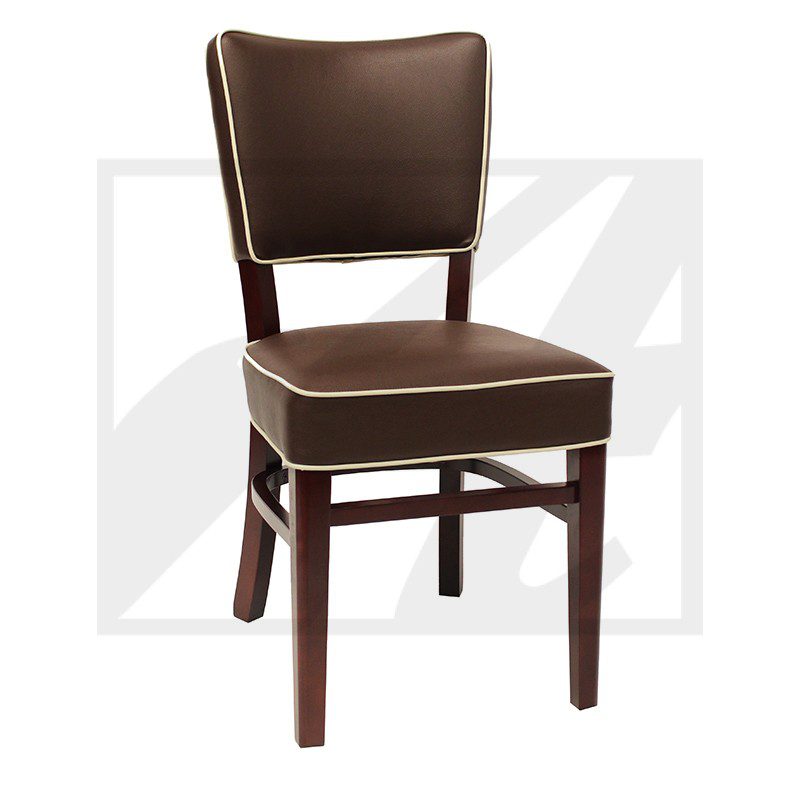 Brown wooden chair with padded seat and backrest.
