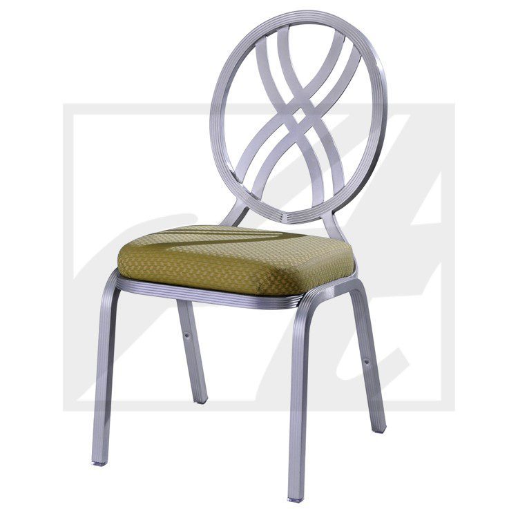 Metal chair with circular backrest and olive cushion.