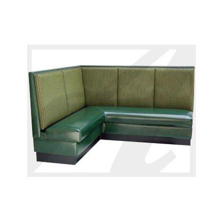 Green and beige L-shaped sofa with cushioned seating.