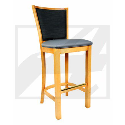 Wooden bar stool with black cushioned seat and backrest.
