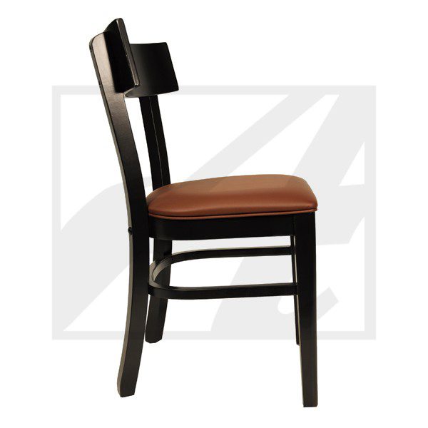 Side view of a wooden chair with a brown cushioned seat.