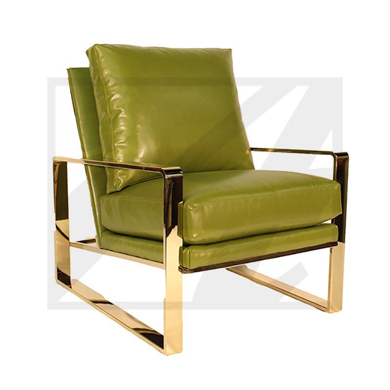 Modern green leather armchair with gold metal frame.