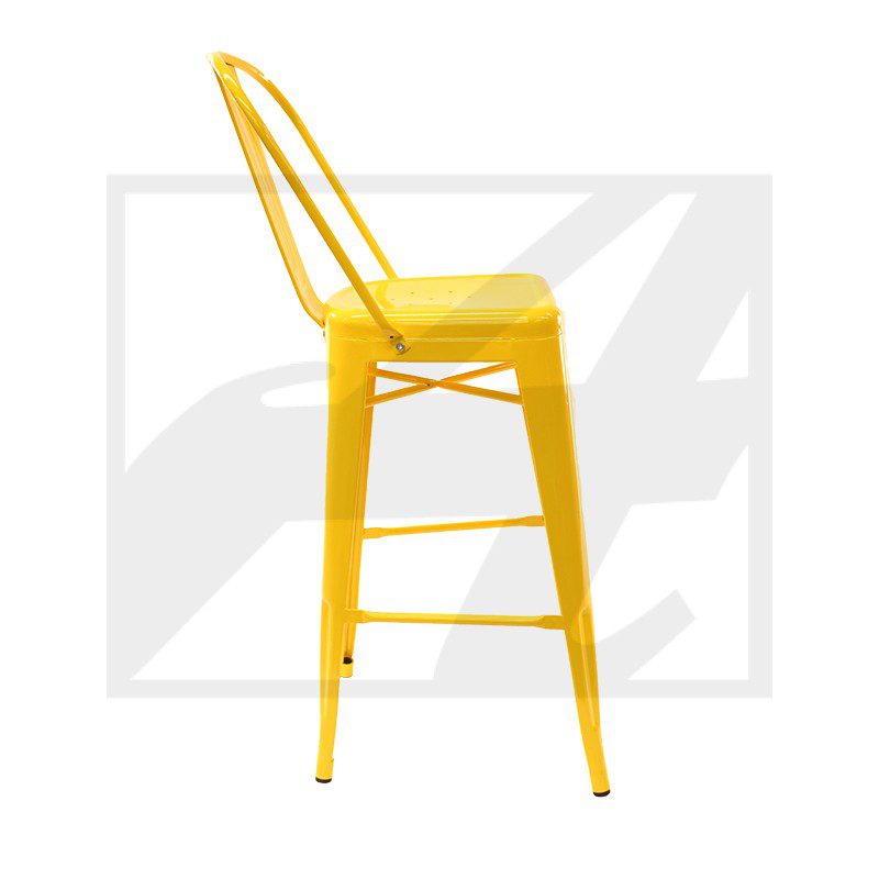 Bright yellow metal bar stool with a backrest and footrest.