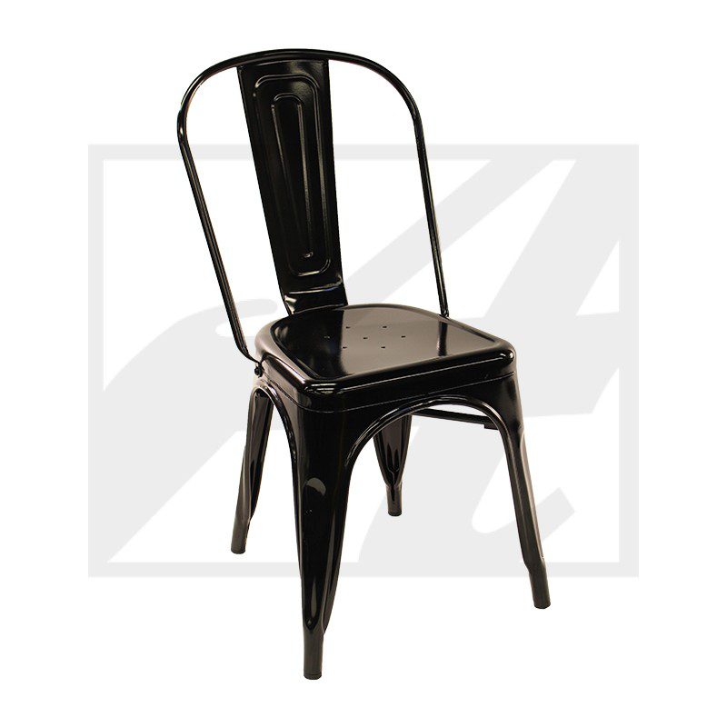Sleek black metal chair with a minimalist design.