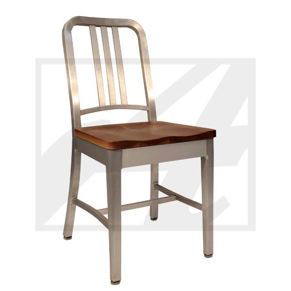 Metal chair with wooden seat in minimalist style.