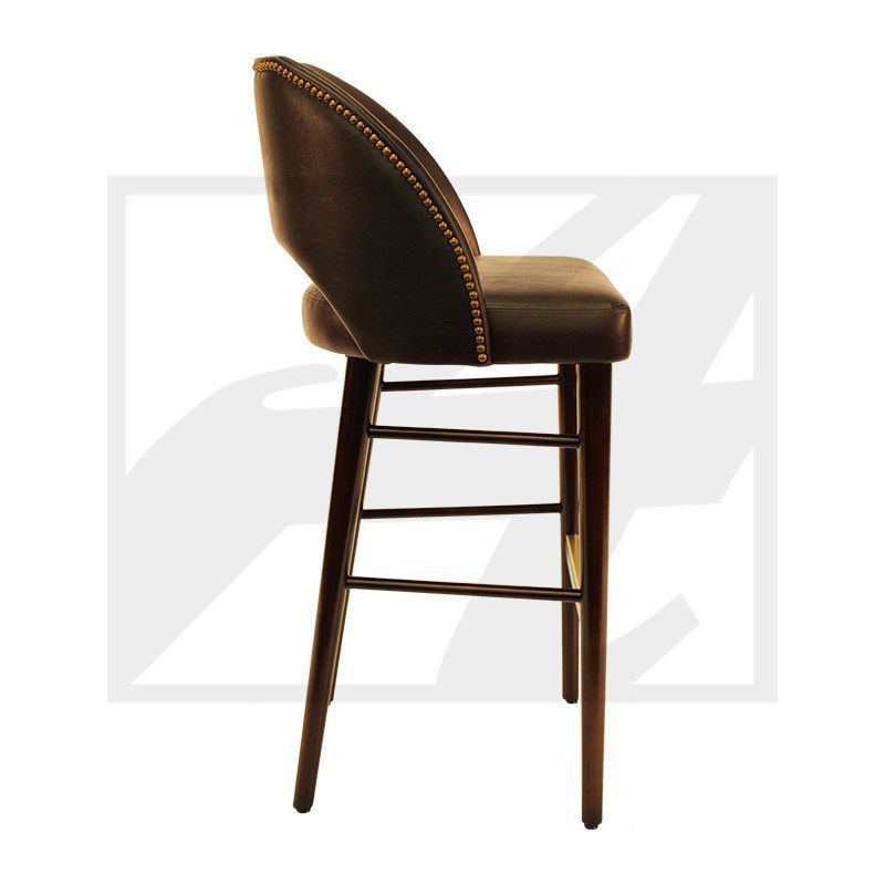 Elegant brown upholstered bar stool with wooden legs and footrest.
