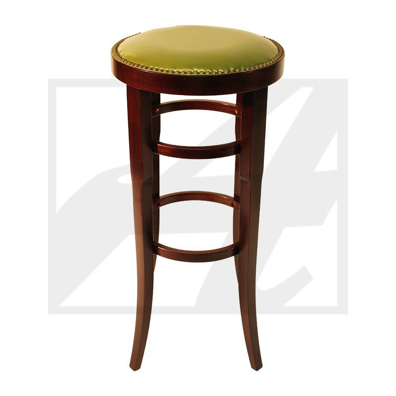 Tall wooden stool with a round green cushioned seat.