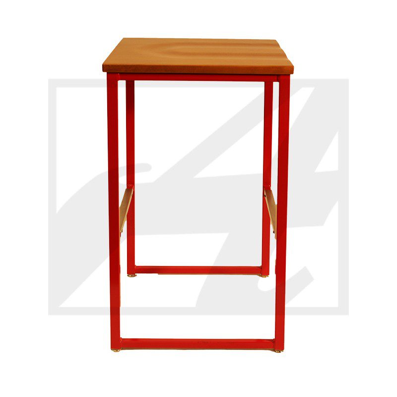 Modern stool with a wooden seat and red metal frame.