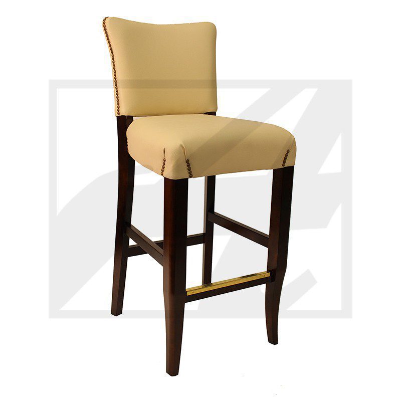 Upholstered beige bar stool with dark wooden legs.