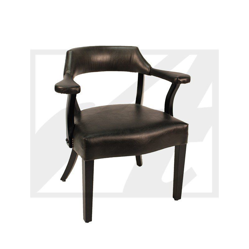 Modern black wooden chair with curved armrests and cushioned seat.