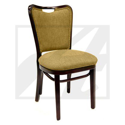 Elegant wooden chair with cushioned seat and backrest in beige fabric.