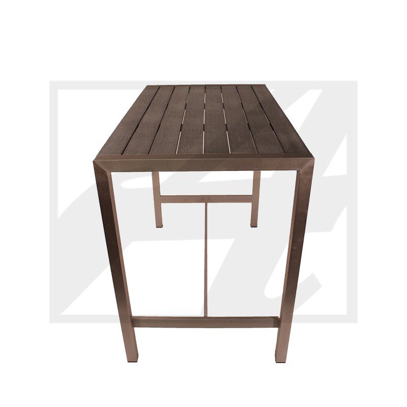 Wooden table with a slatted top and four legs.