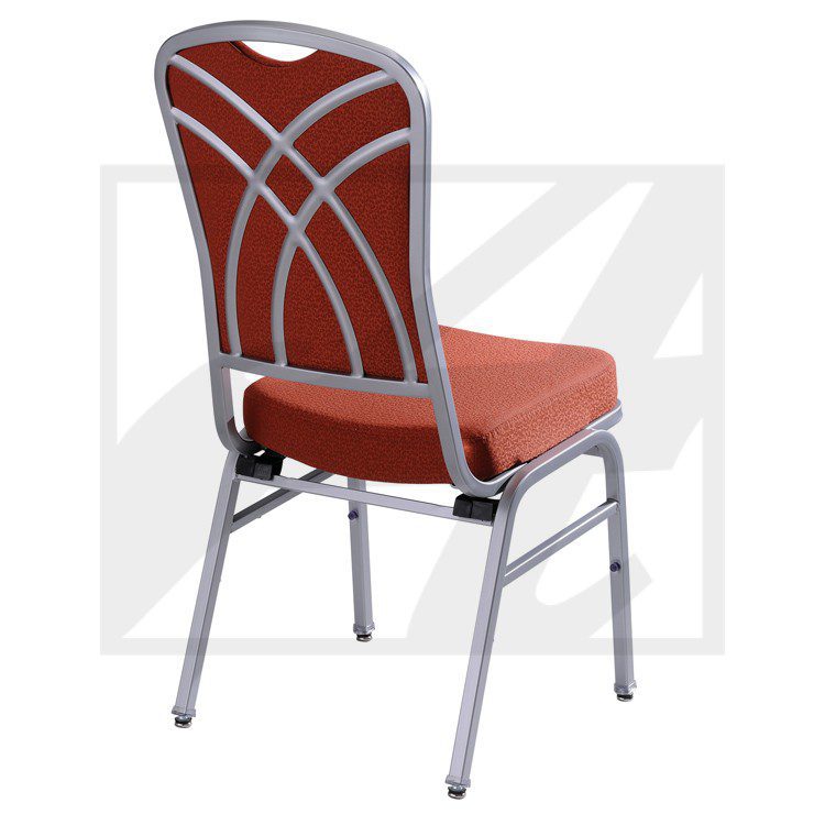 Metal-framed chair with red cushioned seat and backrest.